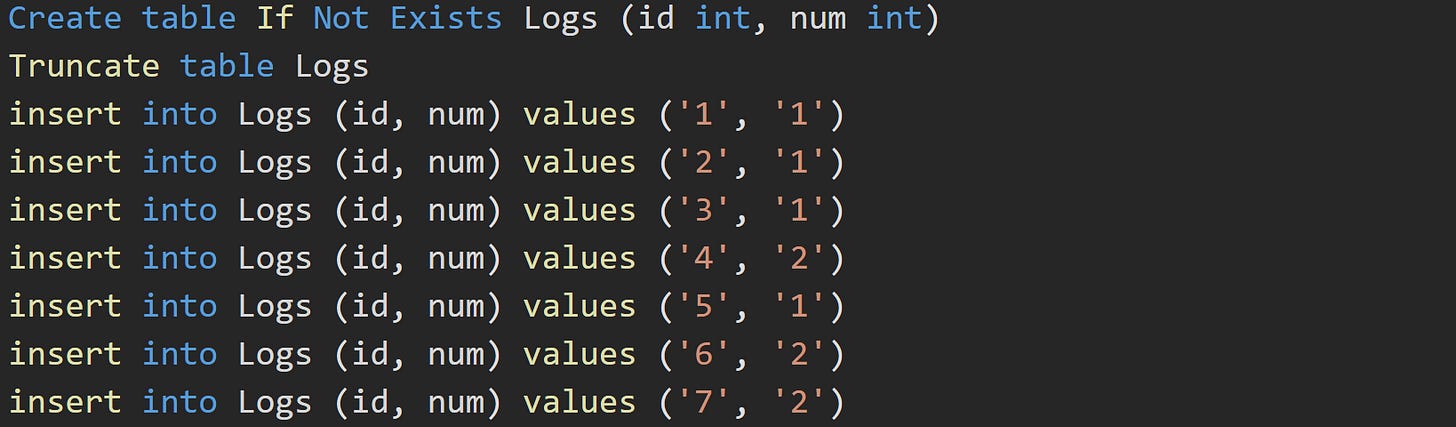 Create table If Not Exists Logs (id int, num int) Truncate table Logs insert into Logs (id, num) values ('1', '1') insert into Logs (id, num) values ('2', '1') insert into Logs (id, num) values ('3', '1') insert into Logs (id, num) values ('4', '2') insert into Logs (id, num) values ('5', '1') insert into Logs (id, num) values ('6', '2') insert into Logs (id, num) values ('7', '2')