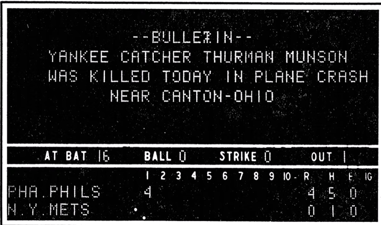 The bulletin reports that Yankee catcher Thurman Munson was killed in a plane crash near Canton, Ohio, during the 16th inning, with the ball on, no strike, and the game details including player statistics and opposing team.

AI-generated content may be incorrect.