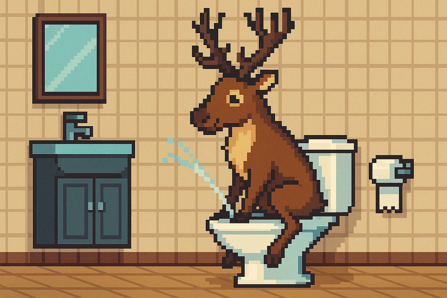 Pixel-art caribou awkwardly using a bathroom bidet; humorous illustration.