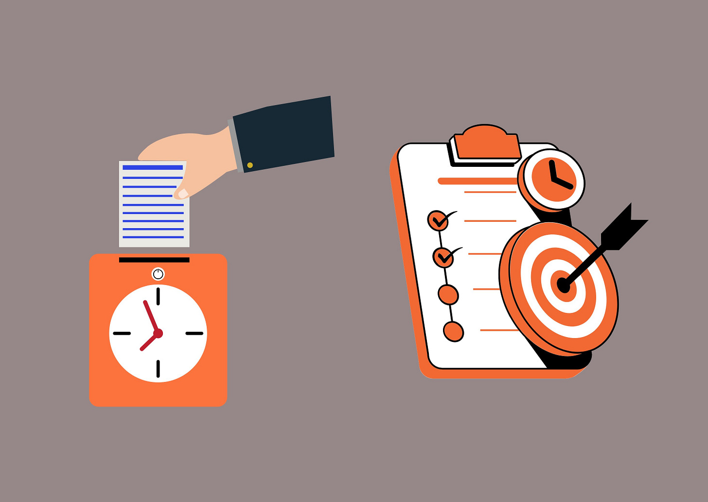 On the left a hand putting a timecard into a time clock. One the right a clipboard with check off tasks with an arrow in a target and a clock above it.