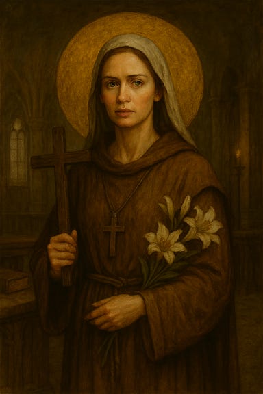 A classical oil painting of St. Markovia, visually reminiscent of Emily Blunt, depicted as a radiant and solemn saint in a dark fantasy setting. She stands in a ruined chapel bathed in soft candlelight, wearing flowing robes of ivory and gold, with a silver circlet resting on her brow. Her features are serene and resolute, with high cheekbones, luminous eyes, and auburn hair cascading over her shoulders. One hand holds a staff topped with a sunburst symbol, while the other is raised in a gesture of blessing. Behind her, faded frescoes and broken stained-glass windows hint at the abbey’s former glory. The atmosphere is reverent, mystical, and tinged with sorrow.