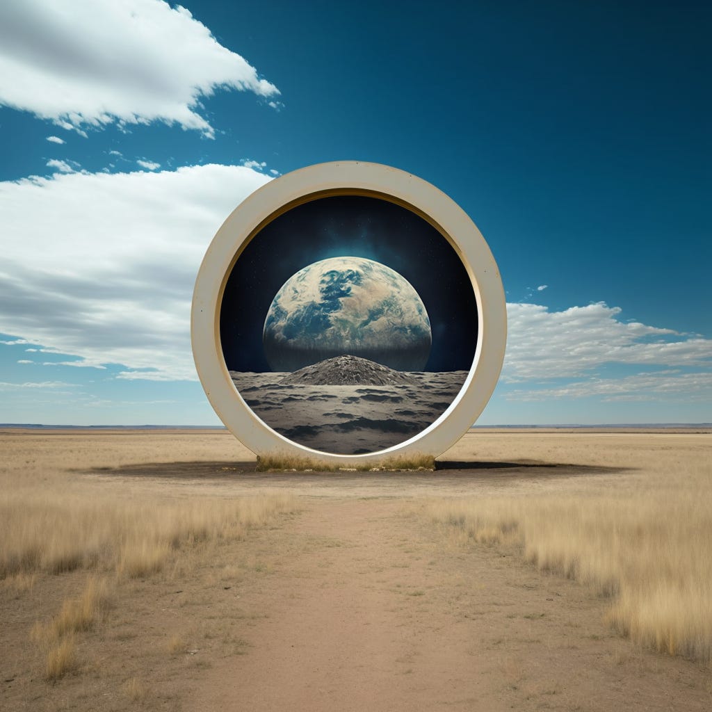 Image of what appears to be a large round gateway in an open, arid field. The portal shows the surface of the moon, and the earth in space beyond.