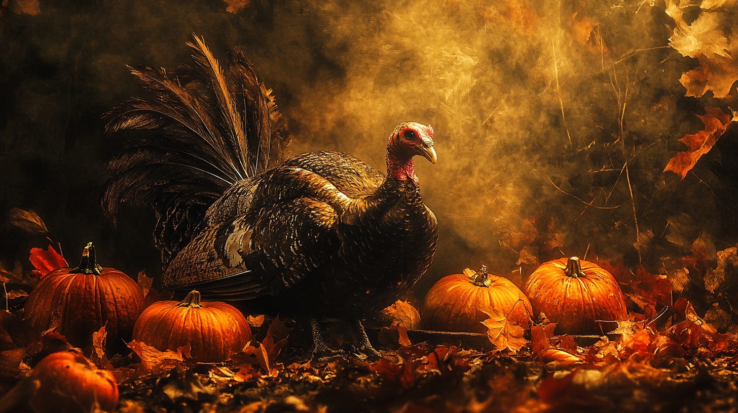 A dramatic Thanksgiving scene: A wild turkey stands proudly against a moody orange and black background, surrounded by bright orange pumpkins and autumn leaves. The lighting creates a cinematic, almost supernatural atmosphere, highlighting the turkey's feathers and the harvest scene. #thanksgivingphotography #autumnscene #turkeyphotography #harvestseason