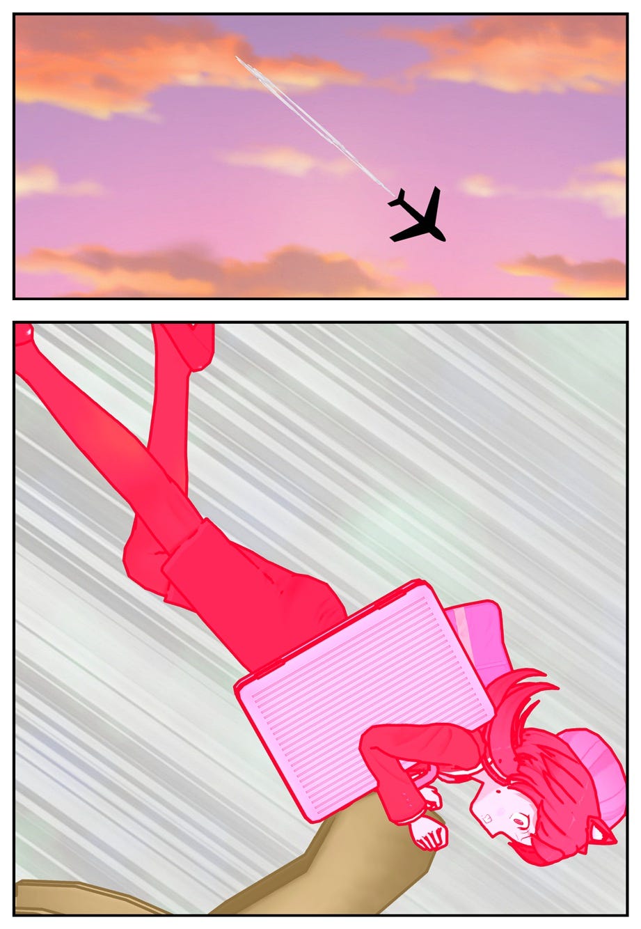 The plane drops, and Rae grabs onto a seat.