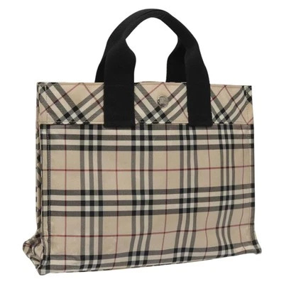 BURBERRY Nova Check Blue Label Hand Bag Nylon Silver Beige Auth hs1698 - Picture 1 of 21