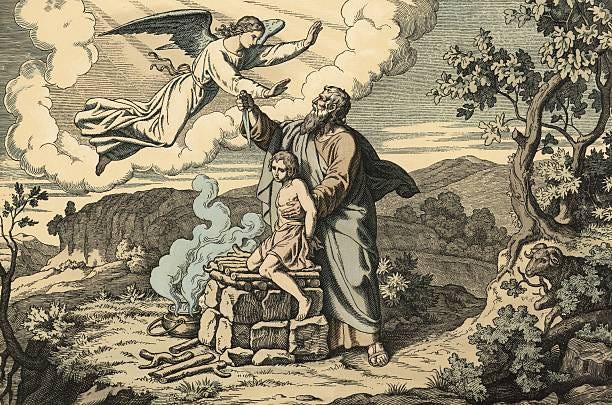 scene from the biblical story, god asks abraham to sacrifice his beloved son isaac on mount moriah to test his faith, at the last moment abraham is held back by an angel and a ram is sacrificed in his place, authentic reproduction of a school mural, histo - abraham image stock pictures, royalty-free photos & images