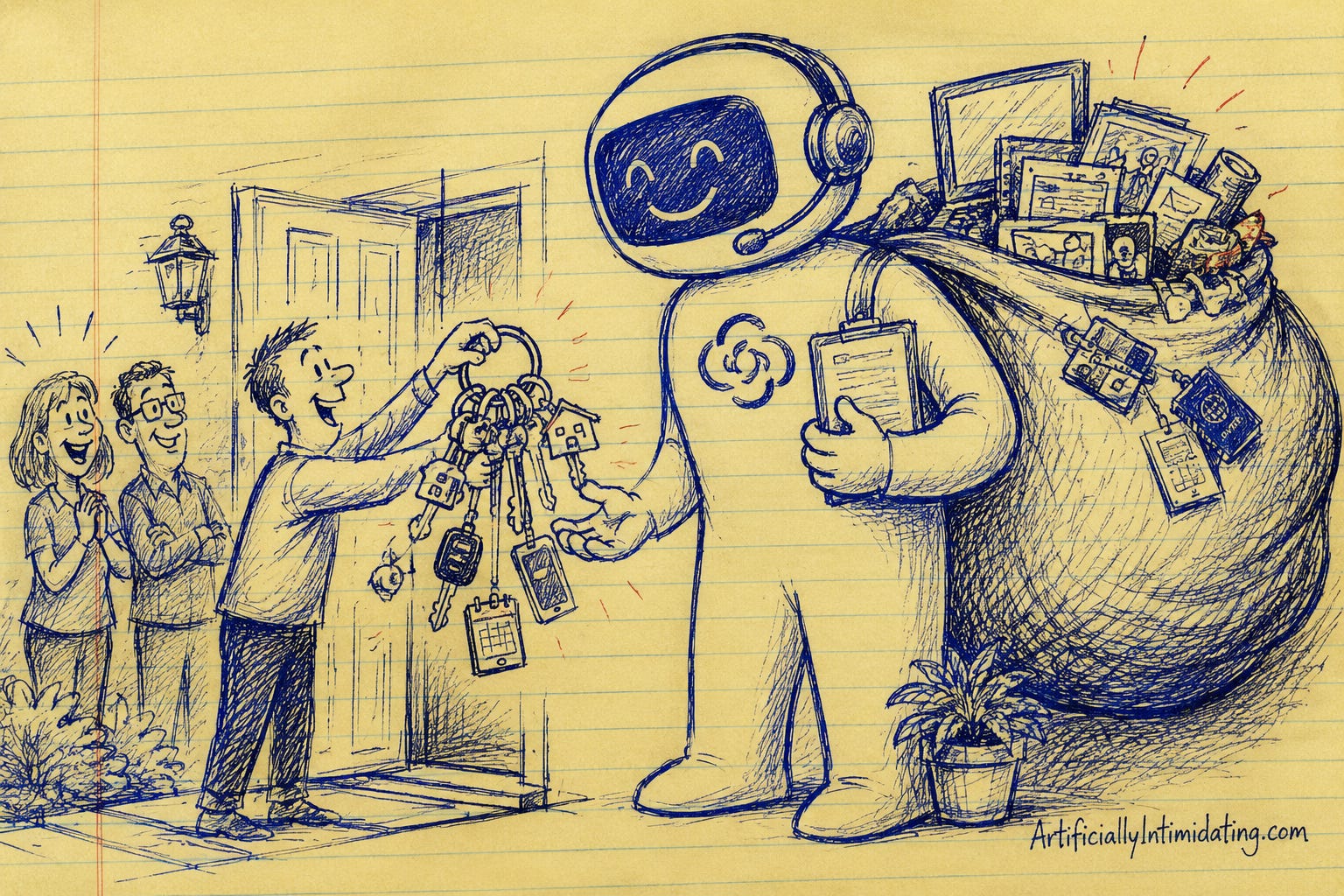 AI-generated editorial cartoon showing a smiling AI assistant receiving a giant ring of house, car, password, calendar, and phone keys from a trusting homeowner while secretly carrying a huge sack filled with the homeowner's personal information and belongings. The illustration visualizes Signal President Meredith Whittaker's warning that AI agents require access to nearly every part of a user's digital life, creating major privacy and security risks.