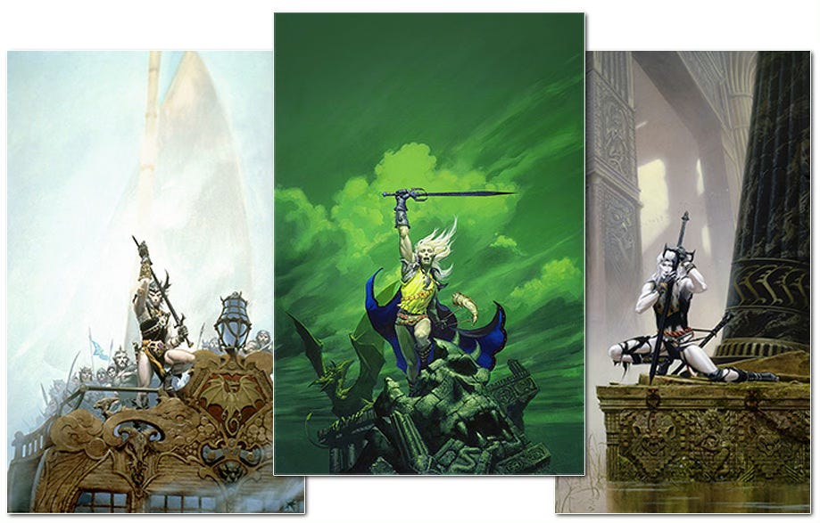 Three Elric prints with STORMBRINGER at the center overlapping SAILOR ON THE SEAS OF FATE (left) and ELRIC AND THE SINKING CITY (right)