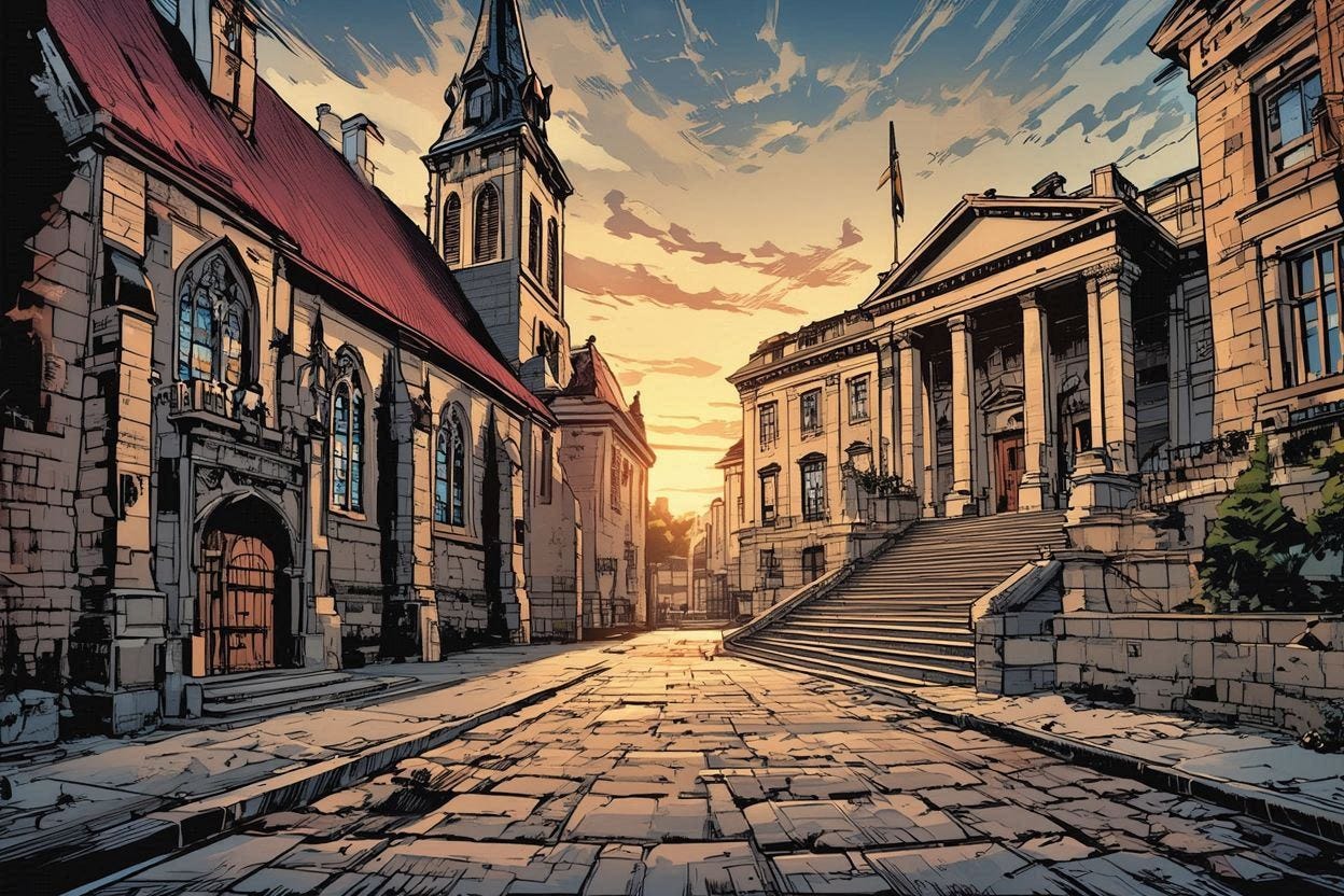 a church on the left and a government building on the right, comic book art a church on the left and a government building on the right, comic book art