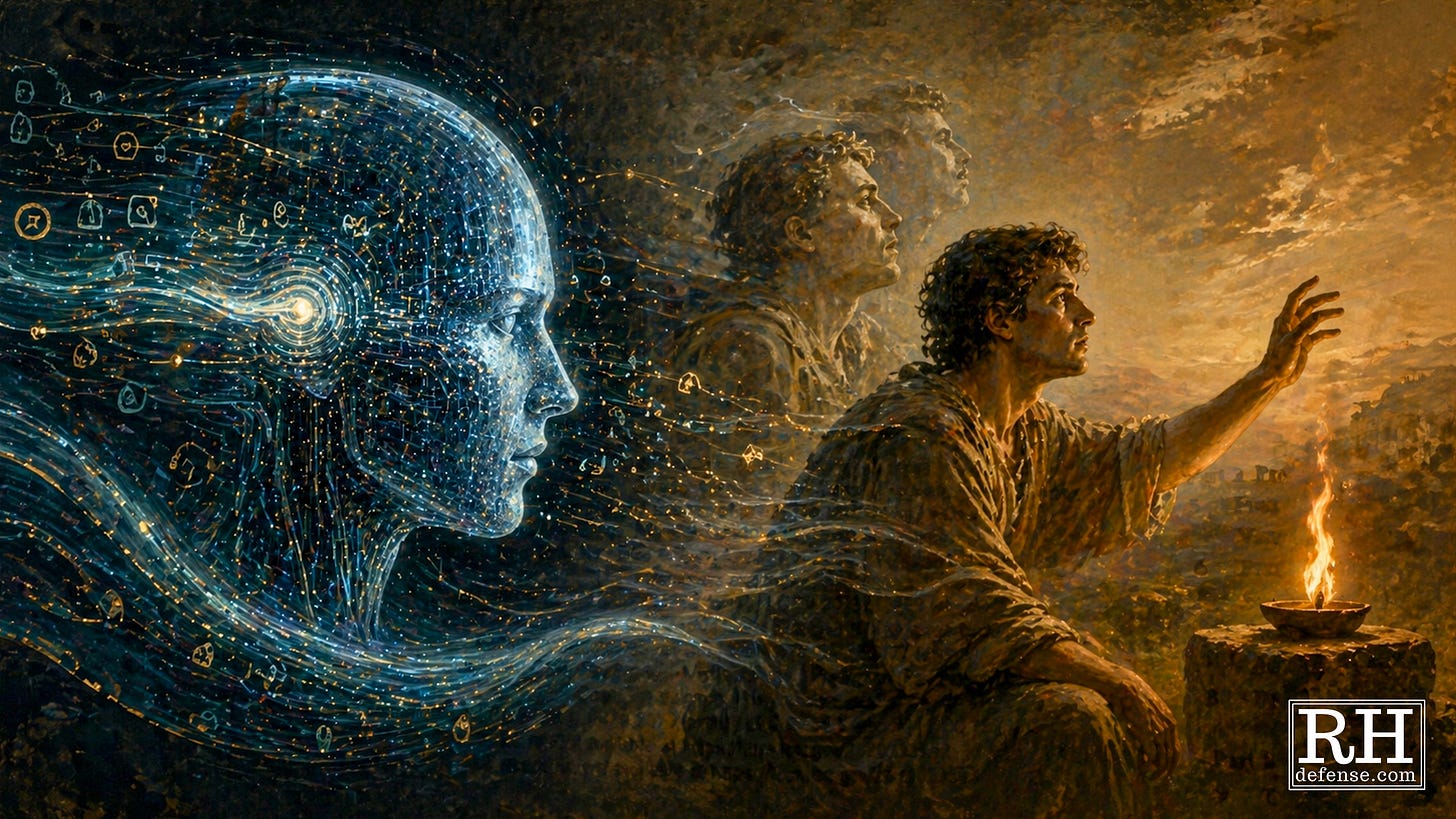 A luminous AI head made of circuitry faces a human figure reaching toward fire, contrasting machine prediction with embodied human experience.