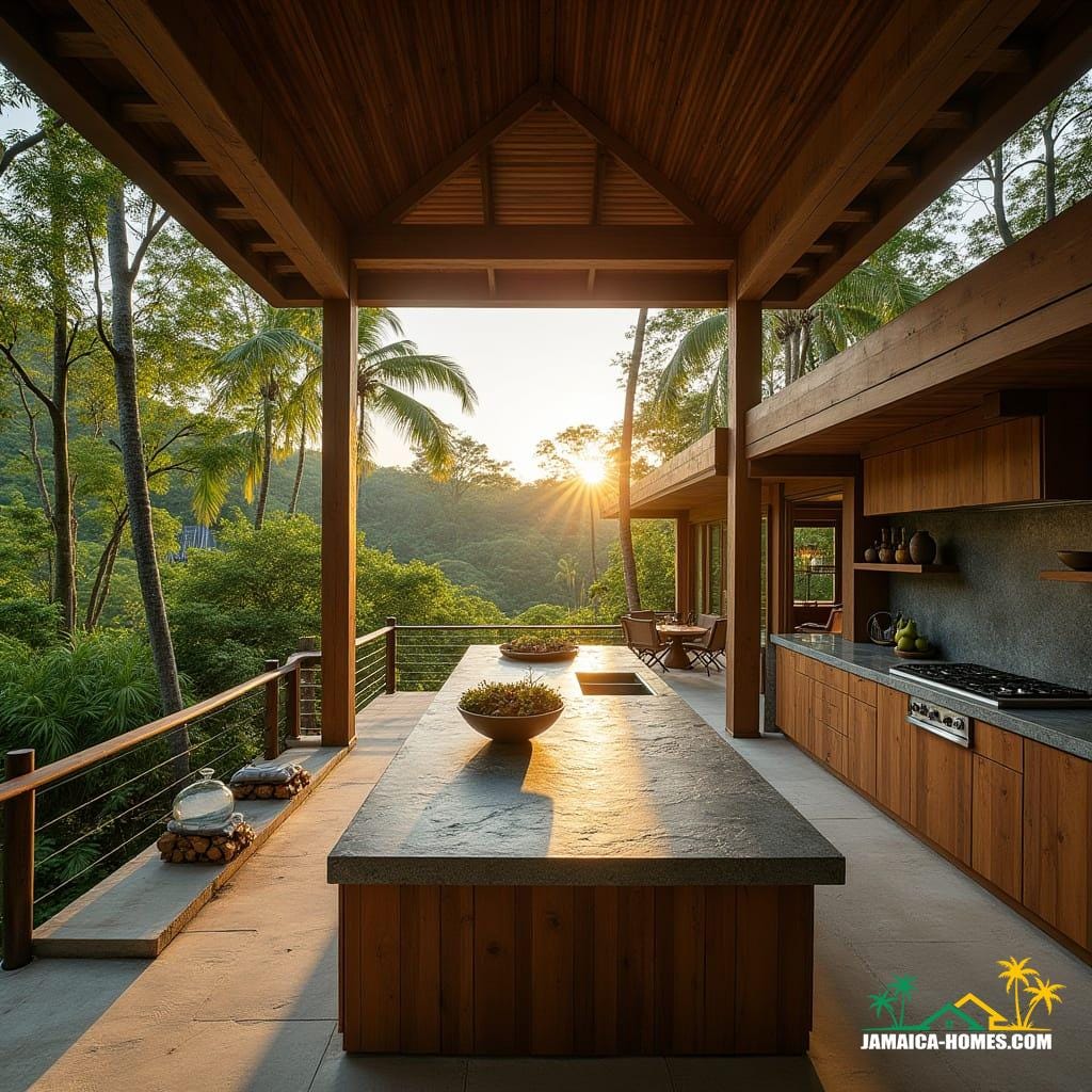 An ultra-luxurious outdoor kitchen, crafted from rich teak and mahogany, seamlessly integrated into a multimillion-pound off-the-grid wooden estate, nestled in the lush green mountains of Jamaica