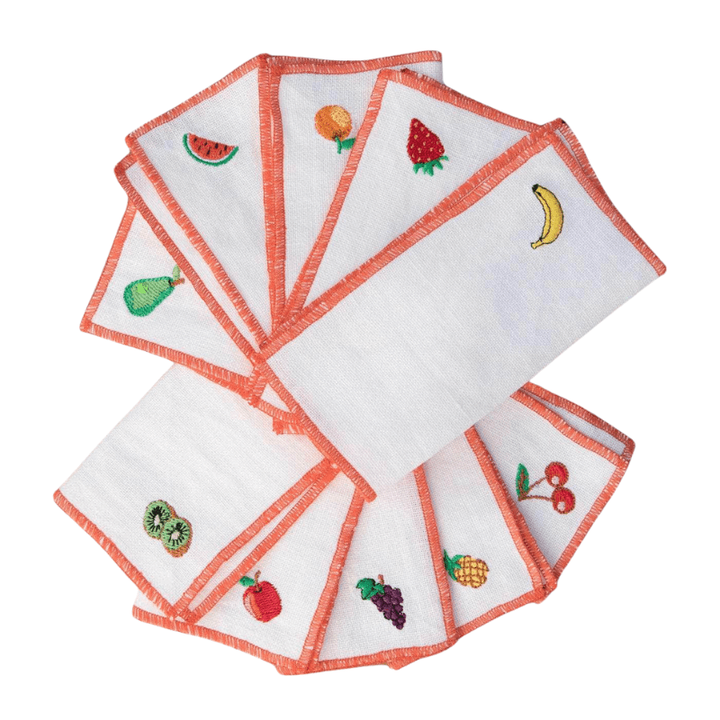 Fruits Themed Linen Cocktail Napkins | Set of 6 Fruits Themed Linen Cocktail Napkins | Set of 6