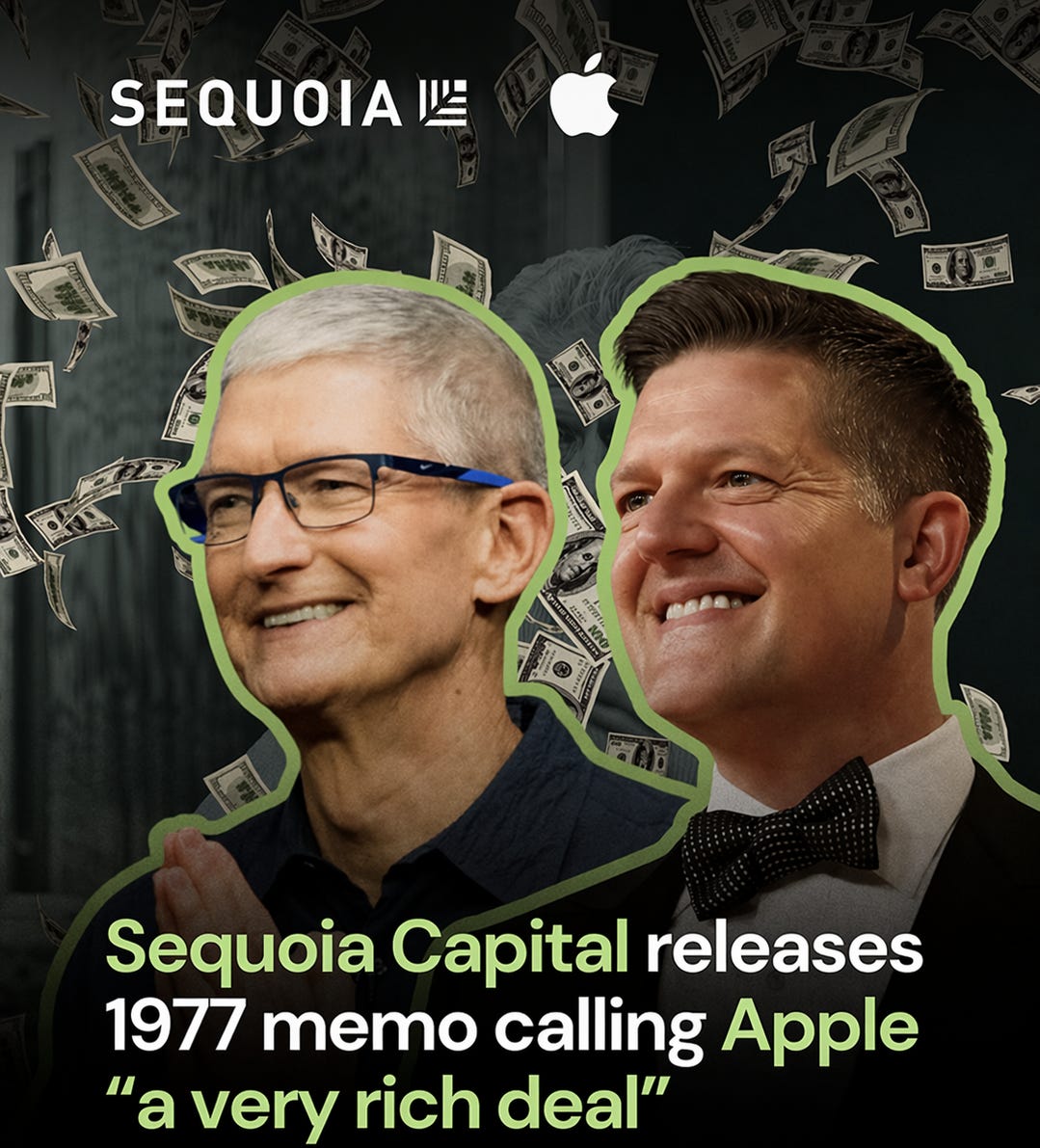 A promotional graphic for Sequoia Capital’s 50th-anniversary release of the 1977 Apple memo.