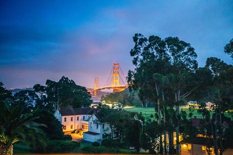 An image of Cavallo Point at night looking out to the Golden Gate Bridget, Amanda outside in her backyard, and Cavallo Point Lodge during the day