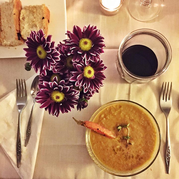 chunky carrot soup and raspberry rose macarons