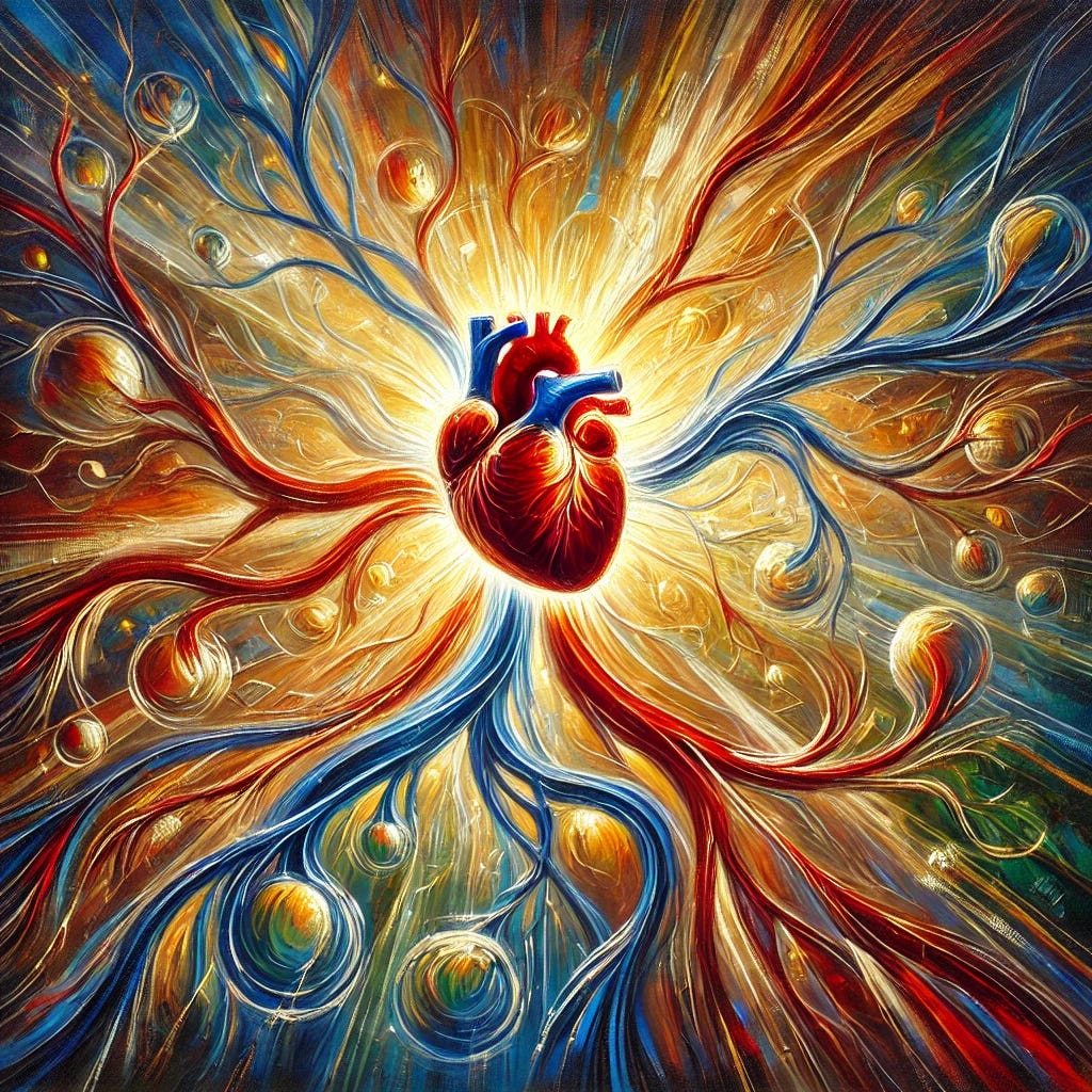 A stunning abstract oil painting with thick, expressive brush strokes in an impressionist style, depicting themes of cardiovascular health. The painting features a glowing, vibrant heart at the center, symbolizing vitality. Around it, intertwining veins and arteries in shades of deep red, blue, and gold weave into the canvas, resembling rivers of life. Gentle, warm rays of sunlight cascade across the artwork, highlighting connections between nature, social bonds, and health. Abstract shapes suggesting community and mental balance blend harmoniously into the background, with earthy tones of green and brown reflecting grounding and natural healing. The overall composition conveys energy, life, and protection.