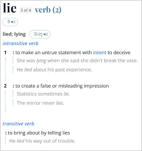 The definition of the word “lie,” meaning to make untrue or deceptive statements. (Source: Merriam-Webster Dictionary) The definition of the word “lie,” meaning to make untrue or deceptive statements. (Source: Merriam-Webster Dictionary)
