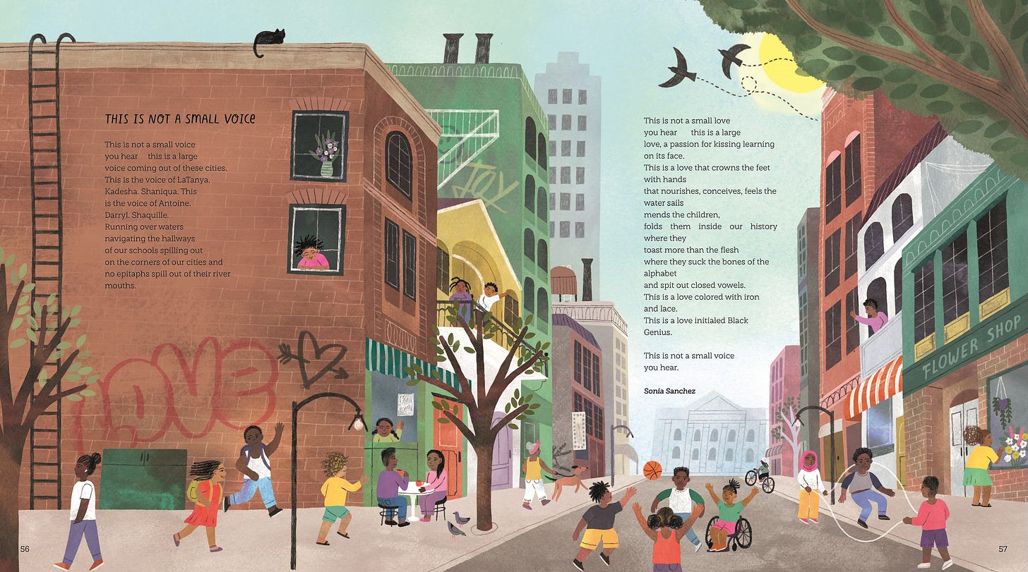 A page from 'This is not a Small Voice' showing the poem 'This is not a Small Voice' over a picture of a street and buildings with children playing.