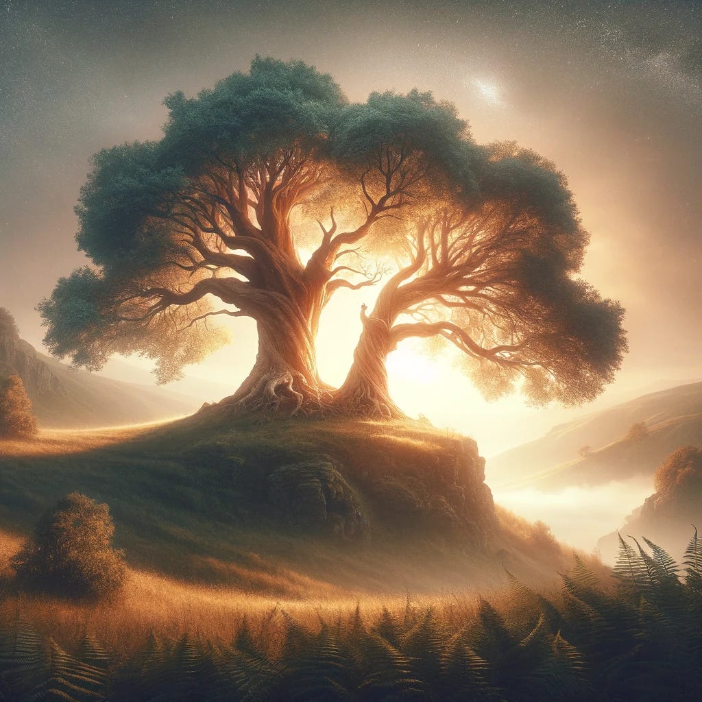 Create a symbolic cover image for a blog post titled "El Poder Transformador del Amor Verdadero: La Leyenda de Filemón y Baucis." The image should visually represent the story of Filemón and Baucis, two ancient trees (an oak and a linden) standing tall on a hill, their branches leaning towards each other, symbolizing eternal love and unity. The setting is an idyllic landscape that reflects the essence of this Greek mythological tale, with a hint of divine presence in the form of soft, celestial light illuminating the trees. The atmosphere should evoke a sense of timeless romance, deep connection, and the transformative power of love and hospitality. Create a symbolic cover image for a blog post titled "El Poder Transformador del Amor Verdadero: La Leyenda de Filemón y Baucis." The image should visually represent the story of Filemón and Baucis, two ancient trees (an oak and a linden) standing tall on a hill, their branches leaning towards each other, symbolizing eternal love and unity. The setting is an idyllic landscape that reflects the essence of this Greek mythological tale, with a hint of divine presence in the form of soft, celestial light illuminating the trees. The atmosphere should evoke a sense of timeless romance, deep connection, and the transformative power of love and hospitality.