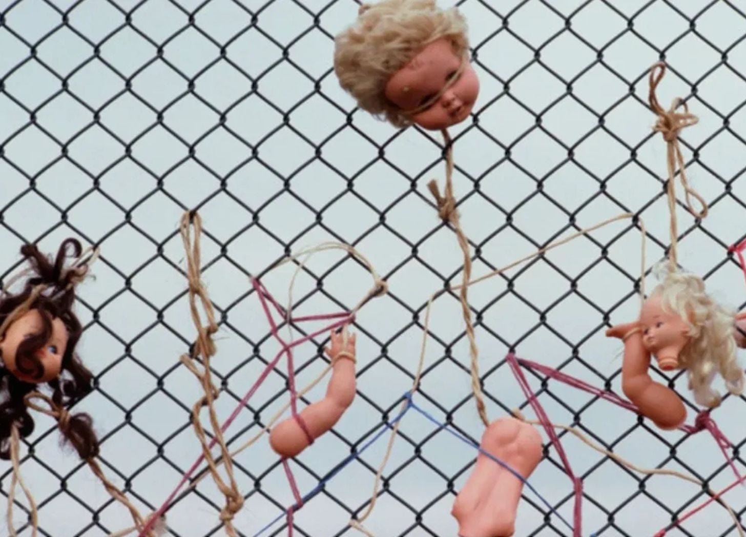 Doll parts tied to wire fence Doll parts tied to wire fence