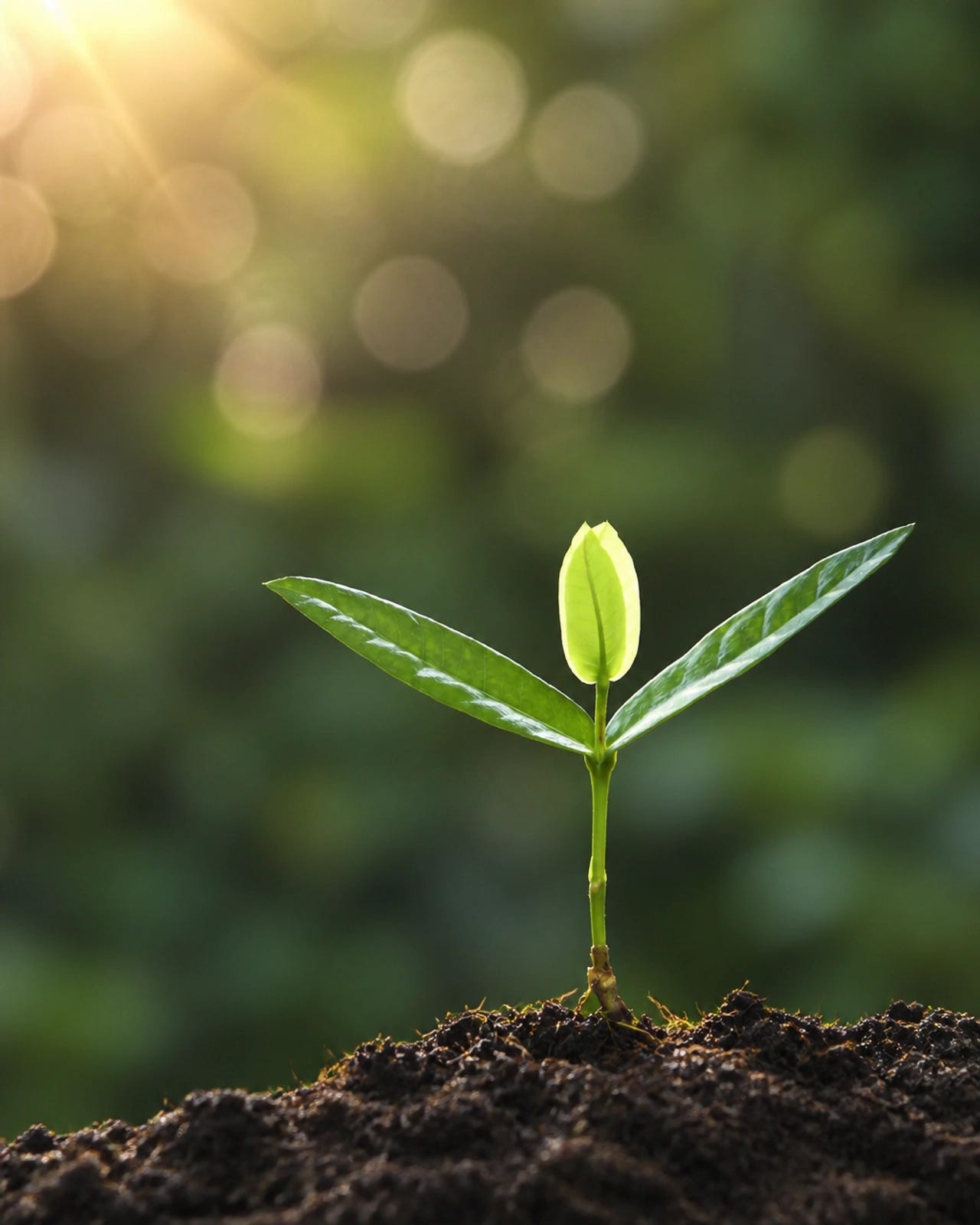 A soft-focus, naturalistic portrait of a young green seedling emerging from dark, rich soil.