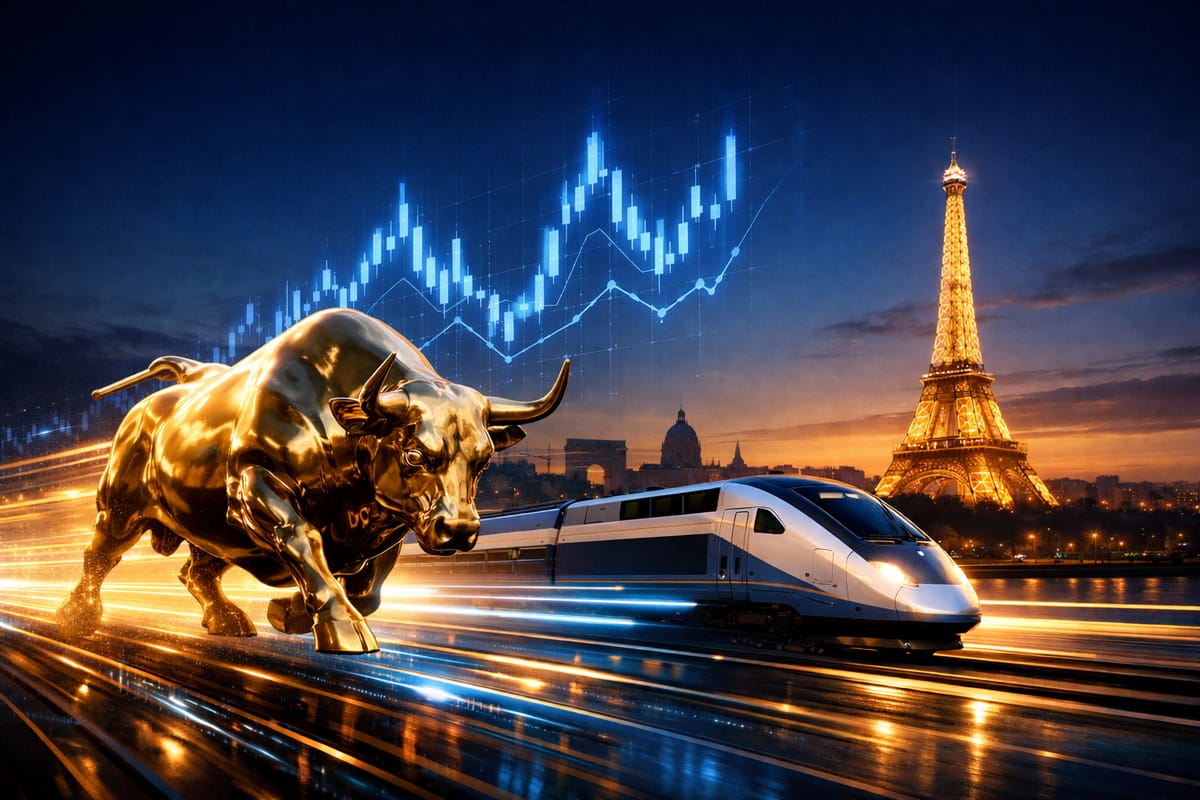 Illustration boursière 2026 : Taureau d'or, TGV et skyline de Paris symbolisant la hausse des actions françaises