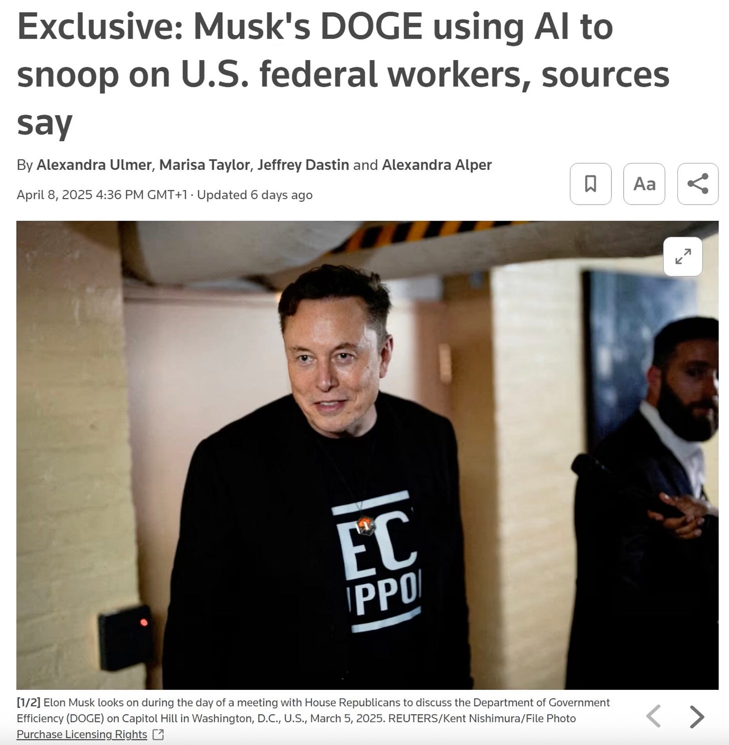 Reuters headline about Musk’s DOGE AI snooping on U.S. federal workers.