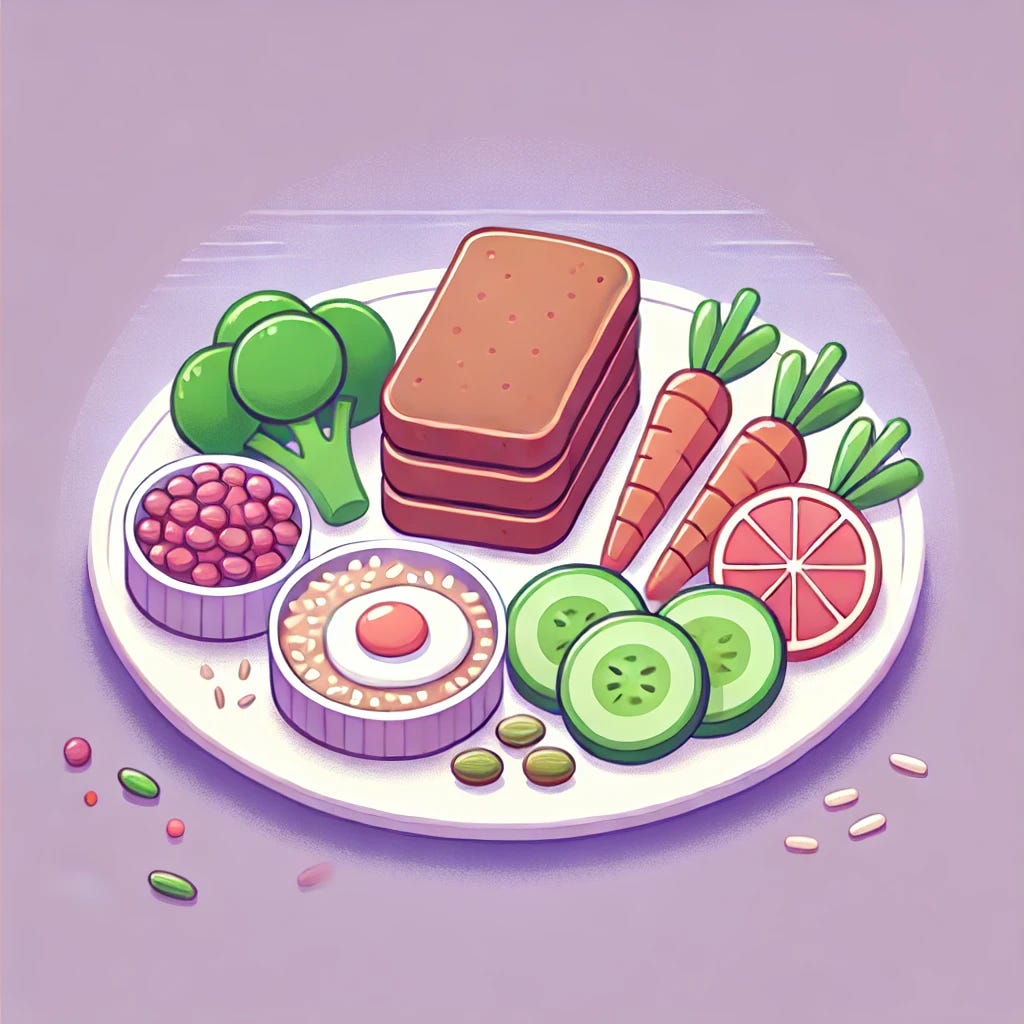 A minimalist cartoon illustration of a rich, healthy meal with soft purple hues. The meal includes a balanced plate with fresh vegetables, protein, and grains, arranged aesthetically. The background is a calming pastel purple with subtle gradients.