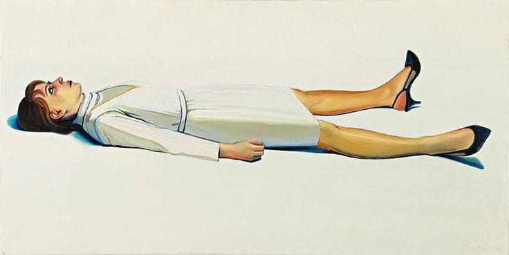 TWayne Thiebaud painting of a woman laying on the ground with her legs spread out and wearing high heels