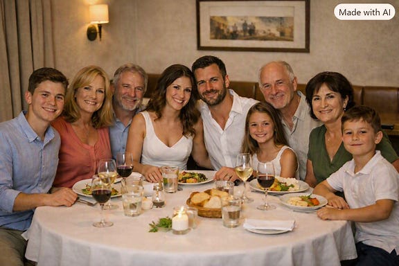 Famille réunie autour d'une table ronde au mariage