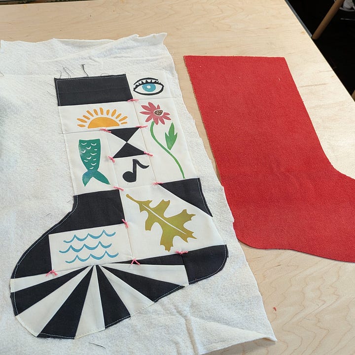 Block printed leaves and a shot of the stocking in progress