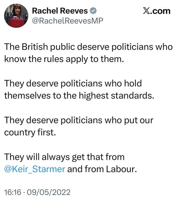 Screenshot of a tweet by Rachel Reeves MP posted on September 5 2022 at 16:16 featuring her profile picture of a woman in a red top holding a red folder with text stating The British public deserve politicians who know the rules apply to them They deserve politicians who hold themselves to the highest standards They deserve politicians who put our country first They will always get that from Keir Starmer and from Labour including verified badge and X platform indicators.