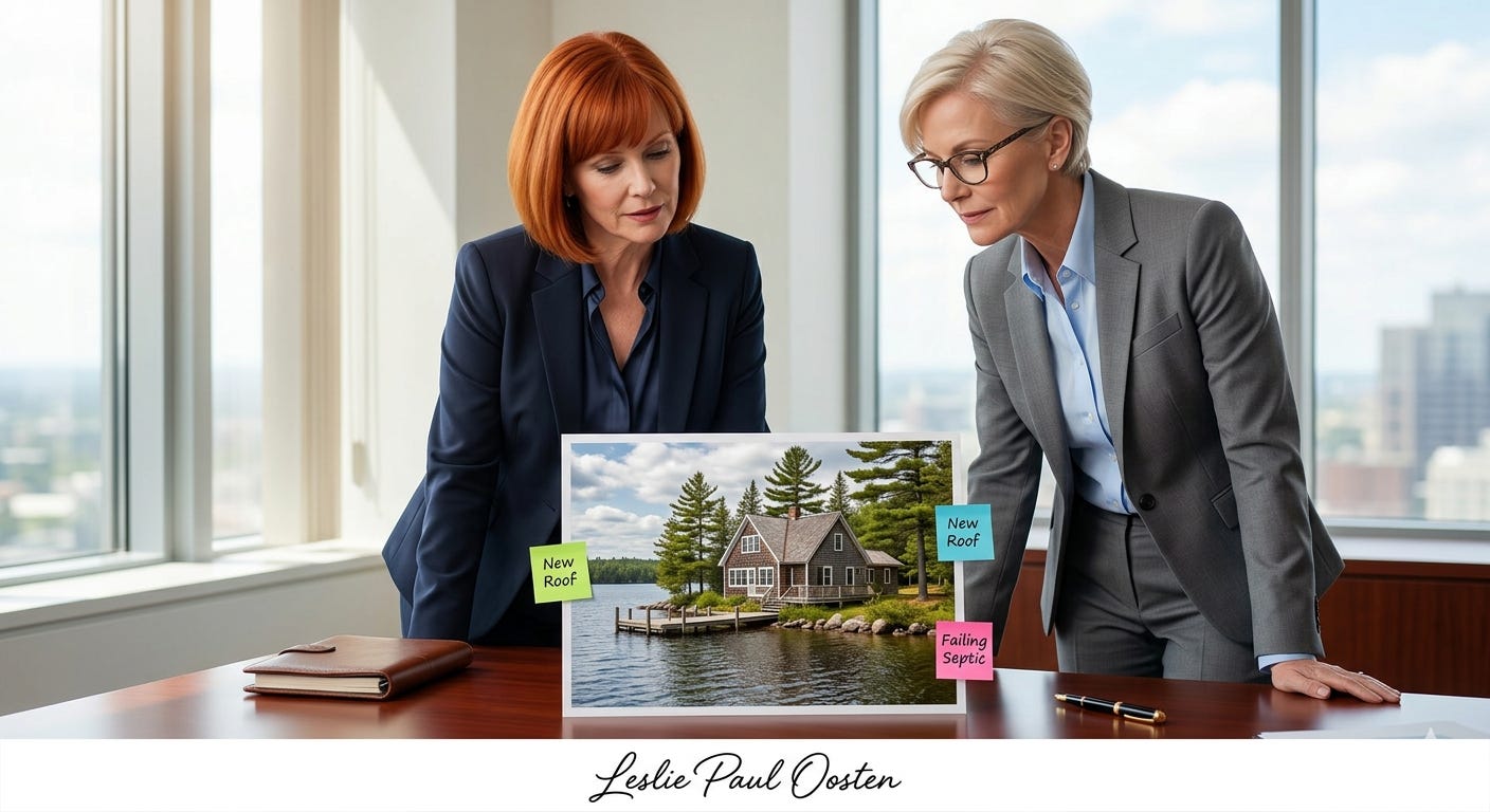 Two professional women in a modern office stand at a desk, looking at a photo of a lakeside family cottage. Several colorful sticky notes are attached to the photo, labeled "New Roof" and "Failing Septic," visually representing the ongoing maintenance obligations that come with keeping the property.