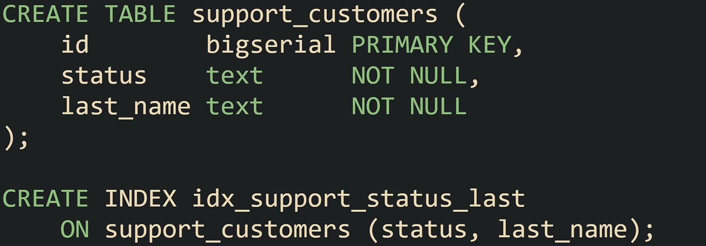CREATE TABLE support_customers (     id        bigserial PRIMARY KEY,     status    text      NOT NULL,     last_name text      NOT NULL );  CREATE INDEX idx_support_status_last     ON support_customers (status, last_name);