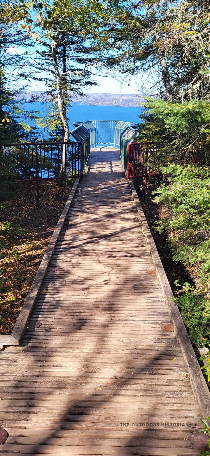 A split image. Left: A metal mesh walkway extending over a cliff edge. Right: A selfie of Emily and Eugene on the platform with a mix of wide-eyes and smiles while the lake expands behind them.