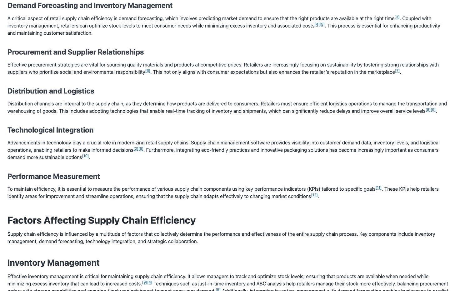 A custom, wikipedia-style article about the topic "Retail supply chain efficiency." The article shows the following sections: Demand forecasting and inventory management, Procurement and supplier relationships, Distribution and Logistics, Technological integration, Performance measurement, and inventory management.