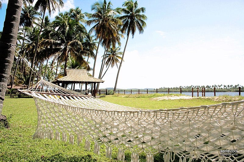 Foto colorida em local aberto de uma rede trançada estendida num quintal cm grama verde baixa. Ao fundo, à esquerda, uma pequena casa com vários coqueiros altos fazendo sombra. À direita, um rio largo faz sua passagem calmamente.