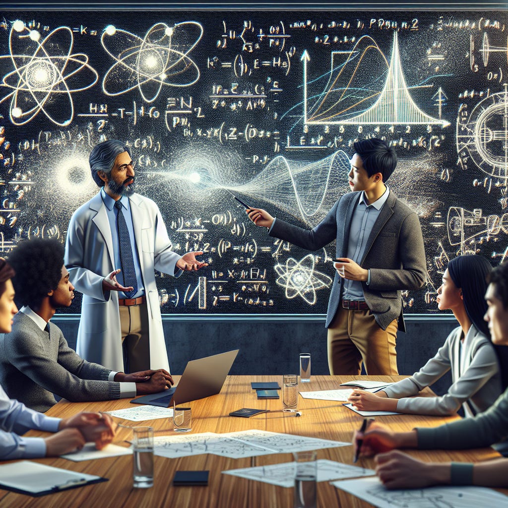 An image depicting a diverse group of people, including physicists and students, collaboratively brainstorming and discussing elegant physics problems. The setting is a modern conference room with a large whiteboard filled with equations and diagrams. The atmosphere is vibrant and intellectually stimulating, emphasizing community engagement in the pursuit of interesting physics challenges. The style should be realistic with detailed expressions to show enthusiasm and curiosity.