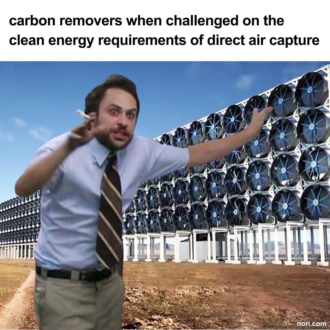 Text: "carbon removers when challenged on the clean energy requirements of direct air capture." Below, Charlie from It's Always Sunny in Philadelphia gesturing wildly with a cigarette in front of a wall of DAC fans.
