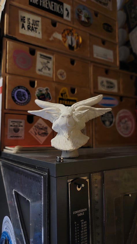 A photo set of WIP for a modeling bust of a fantasy fay, goat soldier character I have to draw a lot. Made to make doing that much easier and quicker.