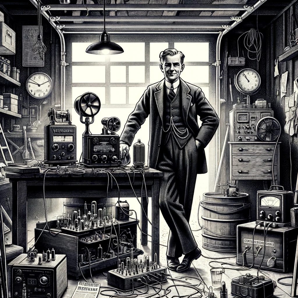 DALL·E 2024-02-03 11.53.21 - Depict Frank Conrad, a pioneering Westinghouse engineer, in 1924, posing in the garage where his ham radio broadcasts began in the late 1910s. Conrad .webp