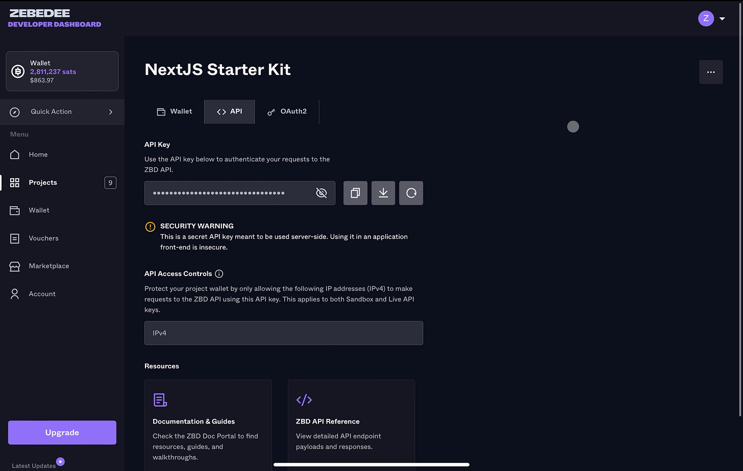 ZEBEDEE Developer Dashboard - Project API page
