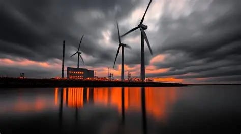 Industrial wind turbines at sunset reflected in calm water 69951322 ... Industrial wind turbines at sunset reflected in calm water 69951322 ...