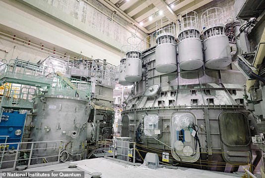 Pictured, the JT-60SA, the world's biggest nuclear fusion reactor constructed to date, prior to its inauguration in the city of Naka, Ibaraki prefecture, Japan Pictured, the JT-60SA, the world's biggest nuclear fusion reactor constructed to date, prior to its inauguration in the city of Naka, Ibaraki prefecture, Japan