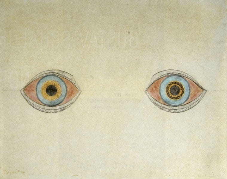 My Eyes at the Moment of the Apparitions by August Natterer. A drawing featuring two large eyes. They are detailed, with dark, intense pupils and arched brows, floating in empty space. 