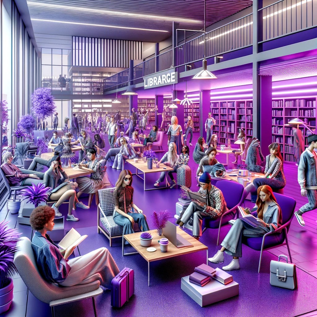 Imagine a vibrant scene in a modern public library where fashion-conscious youth gather, showcasing their unique styles and trends. The library, a place of knowledge and learning, is transformed into a colorful hub of creativity and fashion. The youth are engaged in various activities: reading, discussing, and using digital devices, all while dressed in their stylish outfits. The overall color theme of the image includes shades of purple, especially highlighting the accent color #663399. This visual representation captures the essence of how traditional spaces like libraries are evolving to meet the interests and lifestyles of younger generations, emphasizing the importance of businesses staying creative and adaptable to new trends.