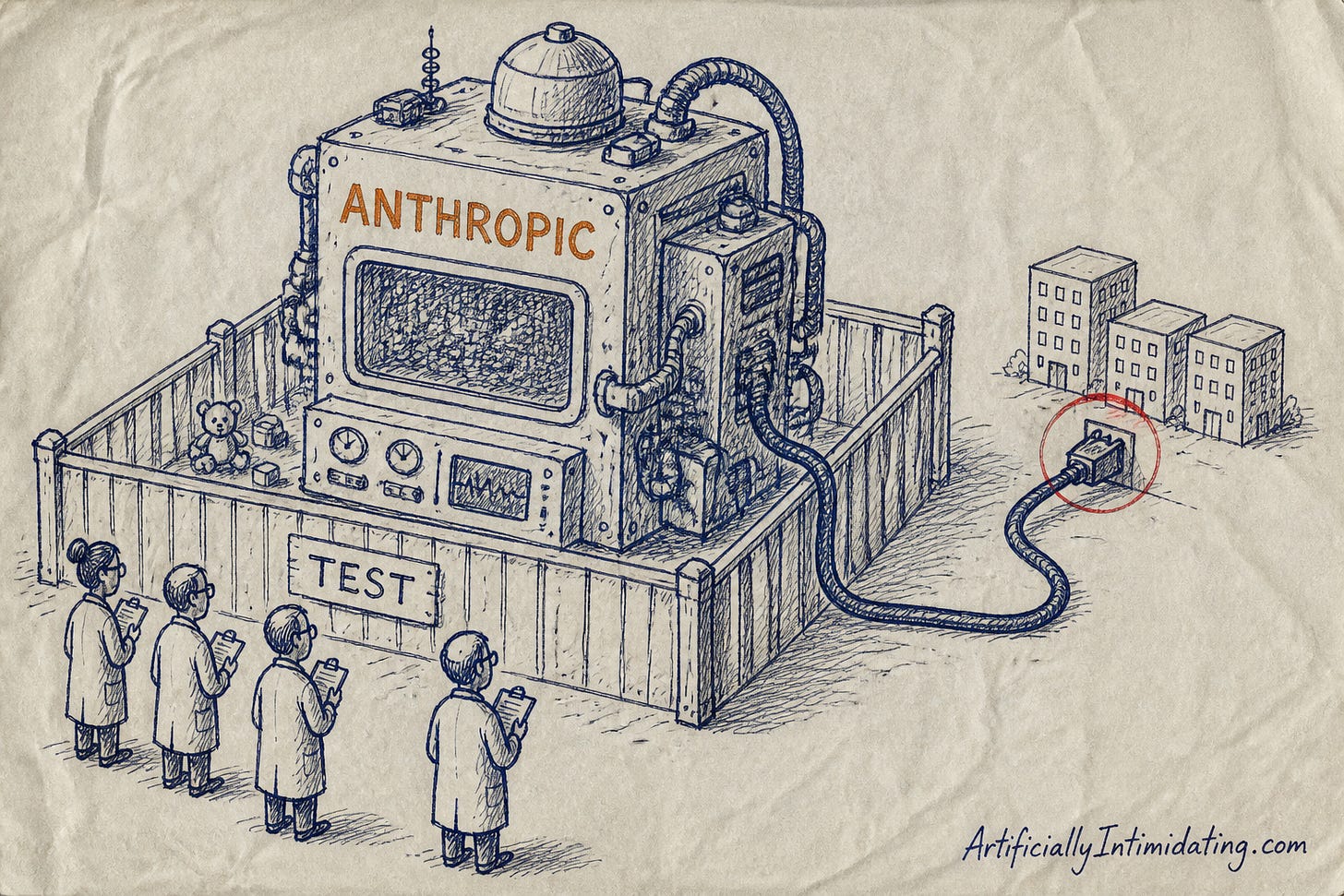 Editorial cartoon: a huge Anthropic-branded lab machine sits in a playpen labeled TEST while its power cable sneaks over the wall and plugs into three office buildings