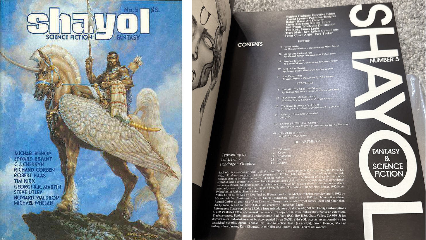 LEFT: Cover of Shayol No 5 with cover art featuring a dark skinned warrior mounted on a winged unicorn against vibrant blue sky. RIGHT: Table of contents for the issue featuring an entry for 14 Questions: Michael Whelan, interview by Pat Cadigan and Arnie Fenner on page 12 LEFT: Cover of Shayol No 5 with cover art featuring a dark skinned warrior mounted on a winged unicorn against vibrant blue sky. RIGHT: Table of contents for the issue featuring an entry for 14 Questions: Michael Whelan, interview by Pat Cadigan and Arnie Fenner on page 12