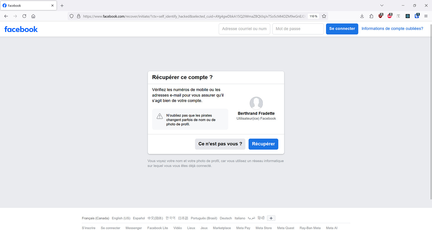 Résultat d'un compte trouvé grâce à la page de comptes piratés de Facebook