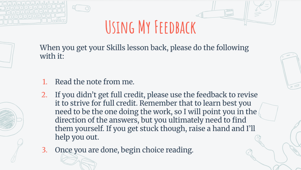 An instructional graphic titled 'Using My Feedback,' outlining steps for students to follow when they receive feedback on their Skills lesson. The steps are to read the feedback, revise it for full credit using the feedback, and then, once done, to begin choice reading.